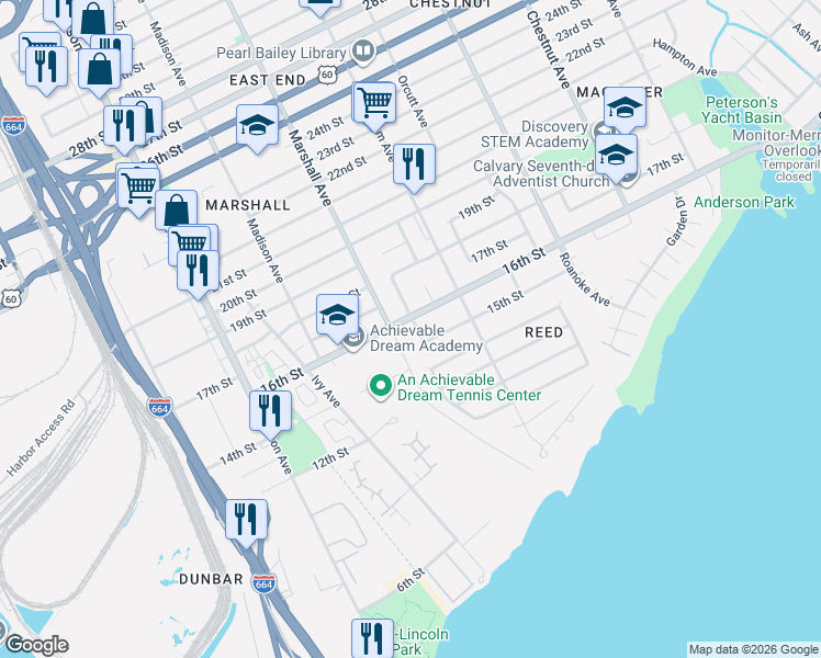 map of restaurants, bars, coffee shops, grocery stores, and more near 1408 Marshall Avenue in Newport News