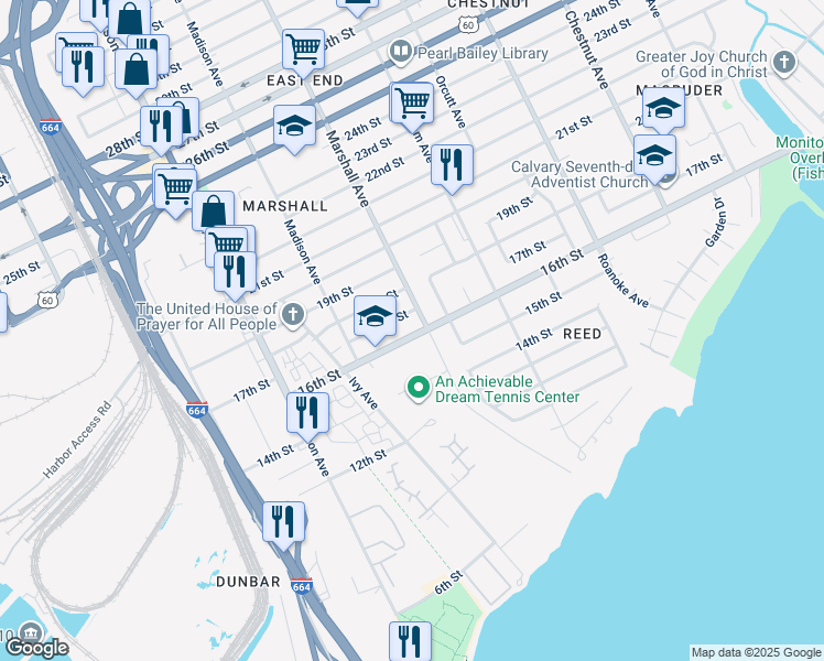 map of restaurants, bars, coffee shops, grocery stores, and more near 727 16th Street in Newport News