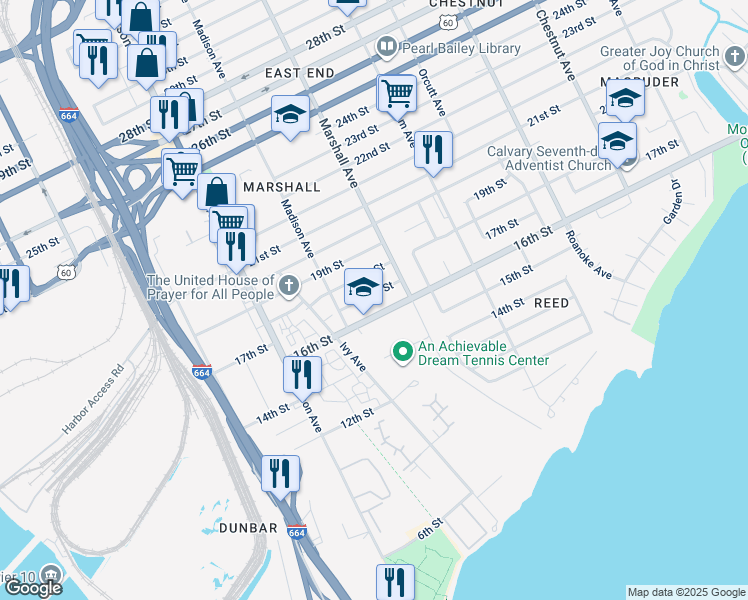 map of restaurants, bars, coffee shops, grocery stores, and more near 727 16th Street in Newport News