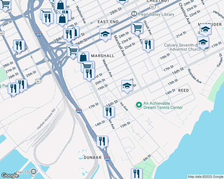 map of restaurants, bars, coffee shops, grocery stores, and more near 1705 Ivy Avenue in Newport News
