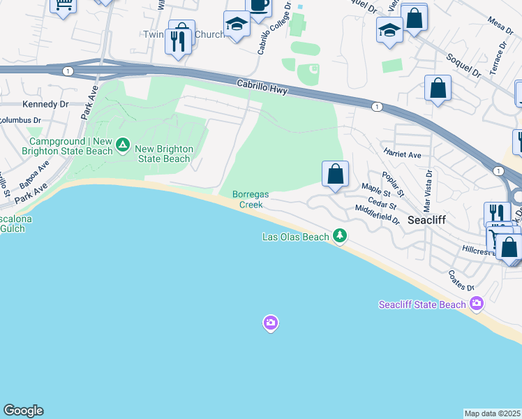 map of restaurants, bars, coffee shops, grocery stores, and more near 789 Las Olas Drive in Aptos