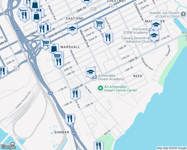 map of restaurants, bars, coffee shops, grocery stores, and more near 727 16th Street in Newport News