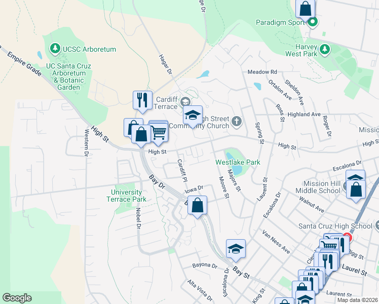 map of restaurants, bars, coffee shops, grocery stores, and more near 105 Village Circle in Santa Cruz