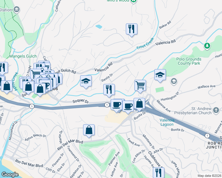 map of restaurants, bars, coffee shops, grocery stores, and more near 9049 Soquel Drive in Aptos