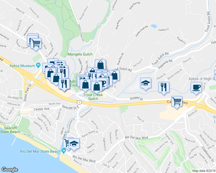 map of restaurants, bars, coffee shops, grocery stores, and more near in Aptos