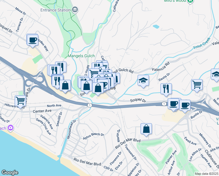 map of restaurants, bars, coffee shops, grocery stores, and more near 335 Treasure Island Drive in Aptos