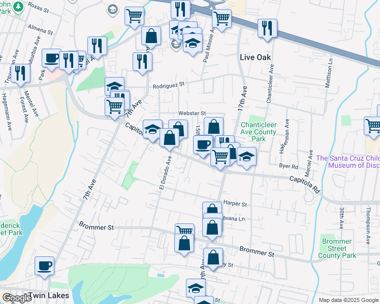 map of restaurants, bars, coffee shops, grocery stores, and more near 1710 Foster Court in Santa Cruz