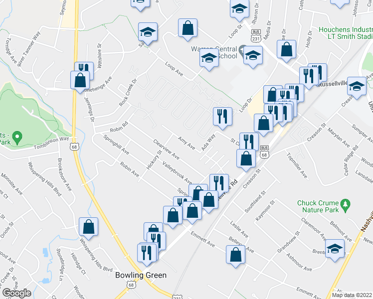map of restaurants, bars, coffee shops, grocery stores, and more near 120 Amy Avenue in Bowling Green