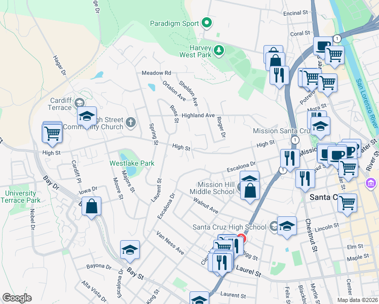 map of restaurants, bars, coffee shops, grocery stores, and more near 538 Escalona Drive in Santa Cruz