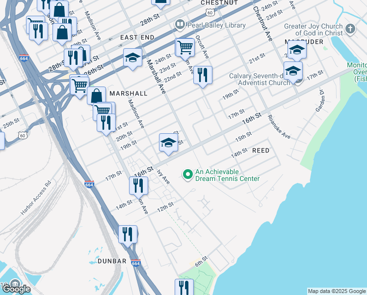 map of restaurants, bars, coffee shops, grocery stores, and more near 727 16th Street in Newport News