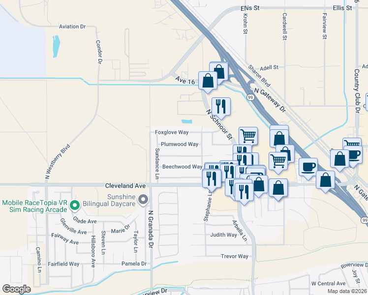map of restaurants, bars, coffee shops, grocery stores, and more near 2518 Grapewood Way in Madera