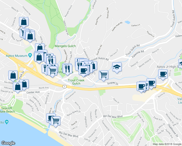 map of restaurants, bars, coffee shops, grocery stores, and more near 8036 Valencia Street in Aptos