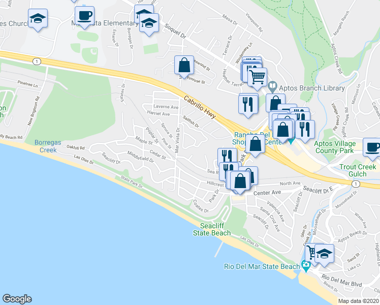 map of restaurants, bars, coffee shops, grocery stores, and more near 358 Sea Ridge Road in Aptos