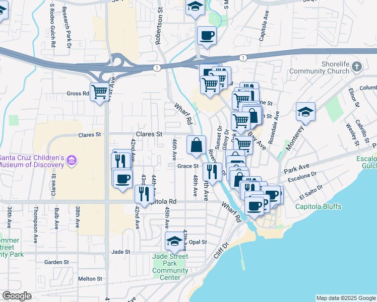 map of restaurants, bars, coffee shops, grocery stores, and more near 4805 Grace Street in Capitola