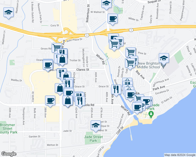 map of restaurants, bars, coffee shops, grocery stores, and more near 1870 46th Avenue in Capitola