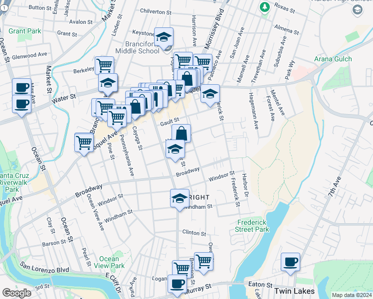 map of restaurants, bars, coffee shops, grocery stores, and more near 816 Sumner Street in Santa Cruz
