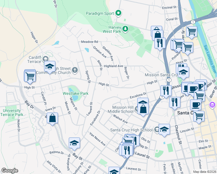 map of restaurants, bars, coffee shops, grocery stores, and more near 538 Escalona Drive in Santa Cruz