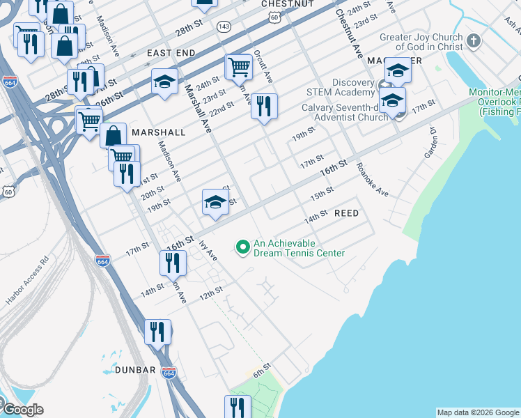 map of restaurants, bars, coffee shops, grocery stores, and more near 1408 Marshall Avenue in Newport News