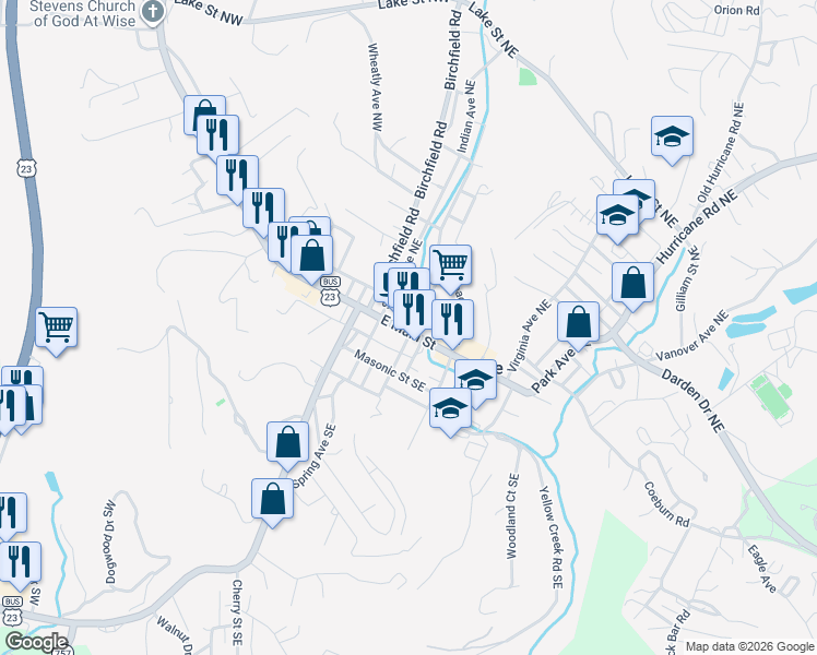 map of restaurants, bars, coffee shops, grocery stores, and more near 312A East Main Street in Wise