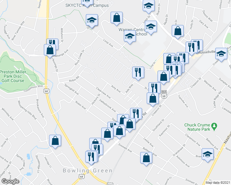 map of restaurants, bars, coffee shops, grocery stores, and more near 125 Clearview Avenue in Bowling Green