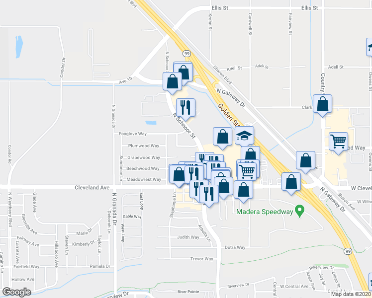 map of restaurants, bars, coffee shops, grocery stores, and more near 2340 Ironwood Way in Madera