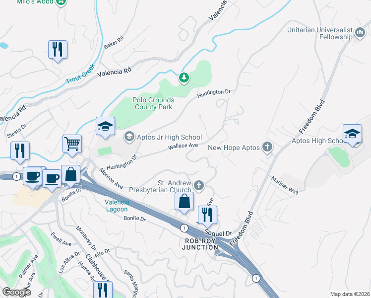map of restaurants, bars, coffee shops, grocery stores, and more near 147 Bowen Avenue in Aptos