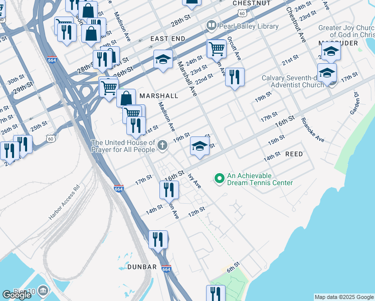 map of restaurants, bars, coffee shops, grocery stores, and more near 1710 Madison Avenue in Newport News