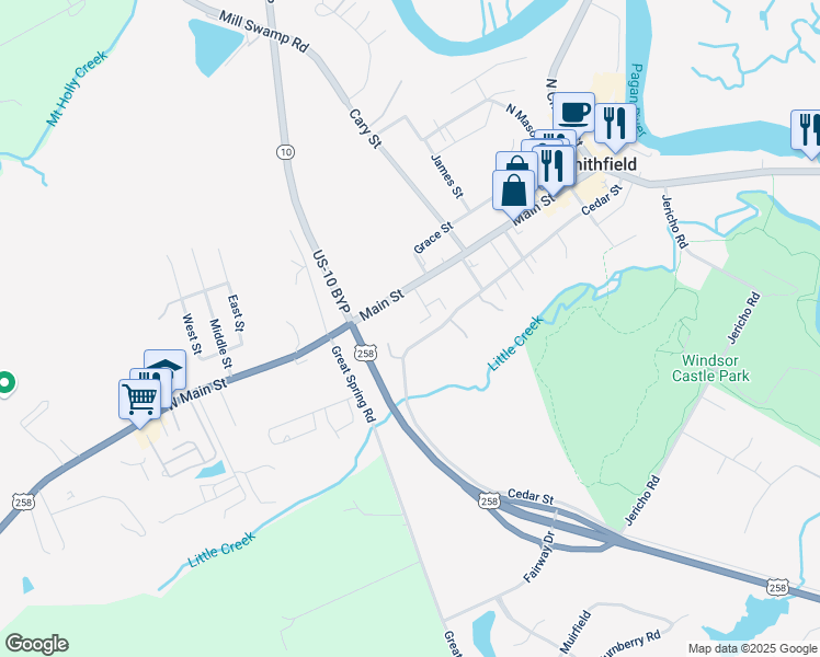 map of restaurants, bars, coffee shops, grocery stores, and more near 513 Main Street in Smithfield