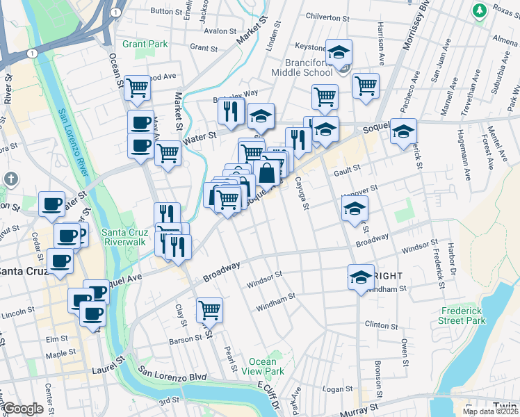 map of restaurants, bars, coffee shops, grocery stores, and more near 503 Caledonia Street in Santa Cruz