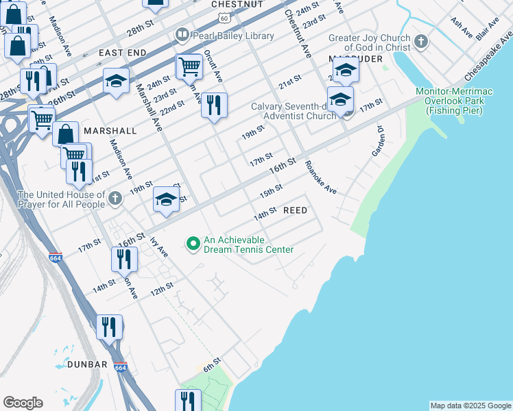 map of restaurants, bars, coffee shops, grocery stores, and more near 900 15th Street in Newport News