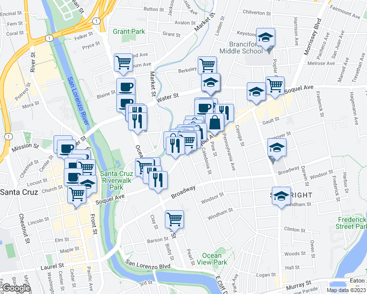 map of restaurants, bars, coffee shops, grocery stores, and more near 111 McCornick Street in Santa Cruz
