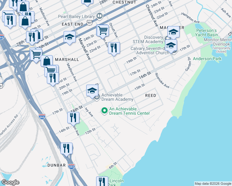 map of restaurants, bars, coffee shops, grocery stores, and more near 839 16th Street in Newport News