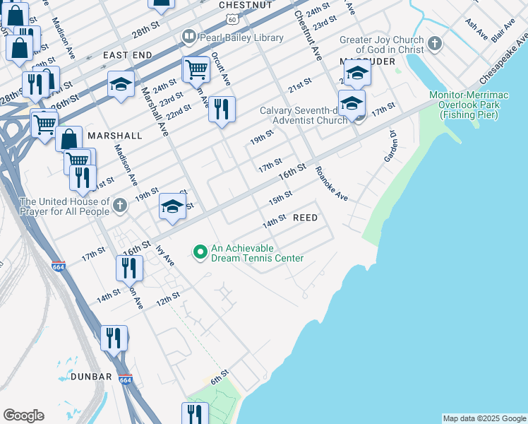 map of restaurants, bars, coffee shops, grocery stores, and more near 900 15th Street in Newport News