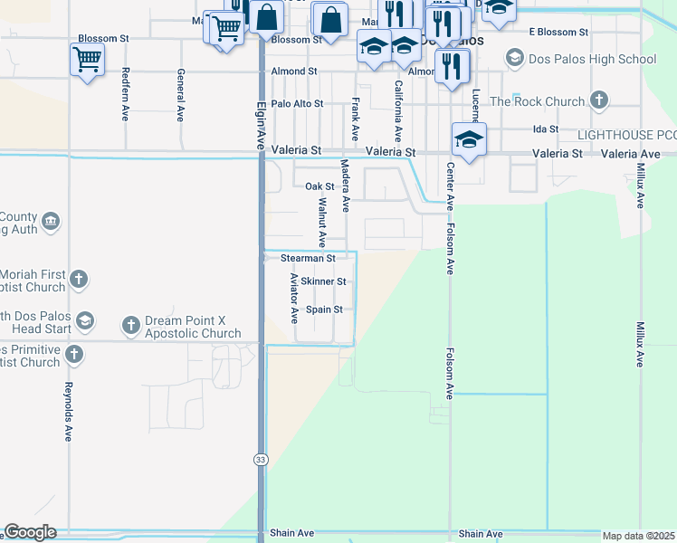 map of restaurants, bars, coffee shops, grocery stores, and more near 2109 Coughlin Court in Dos Palos