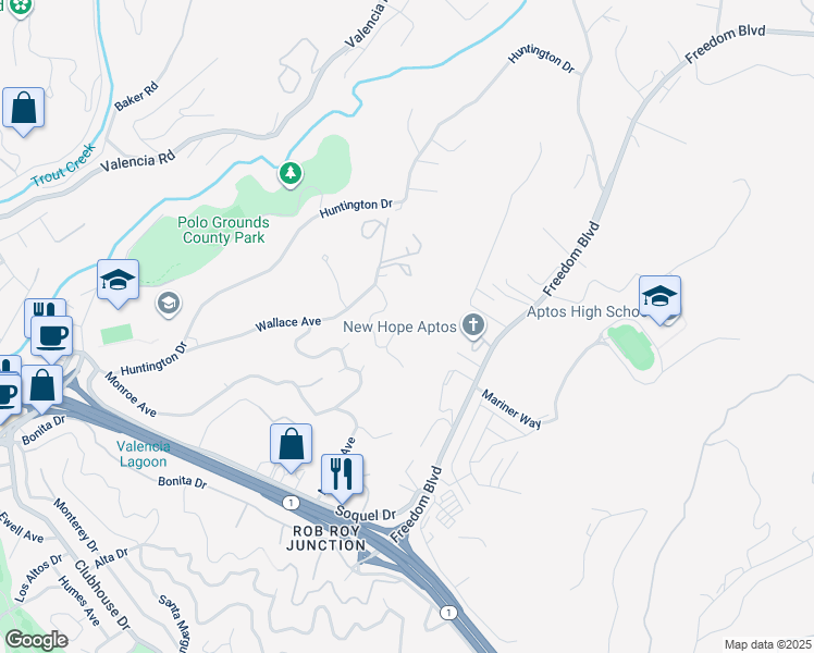 map of restaurants, bars, coffee shops, grocery stores, and more near 250 Carol Way in Aptos