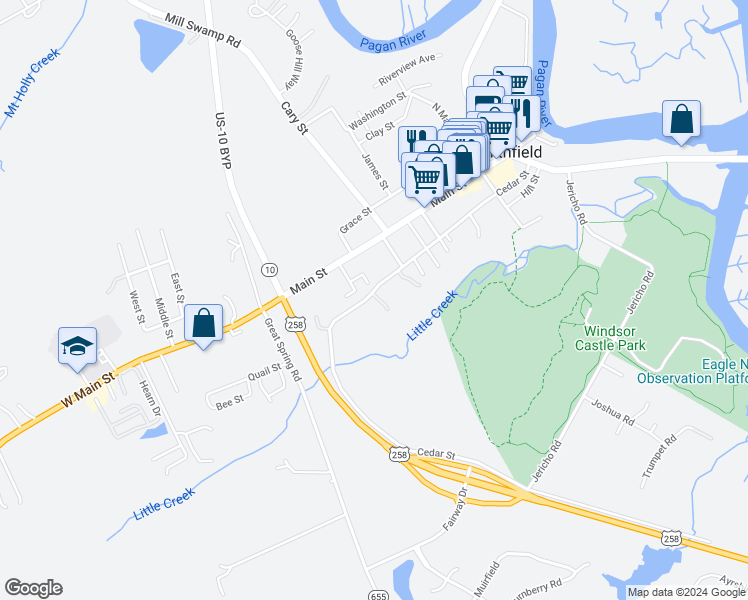 map of restaurants, bars, coffee shops, grocery stores, and more near 601 Cedar Street in Smithfield