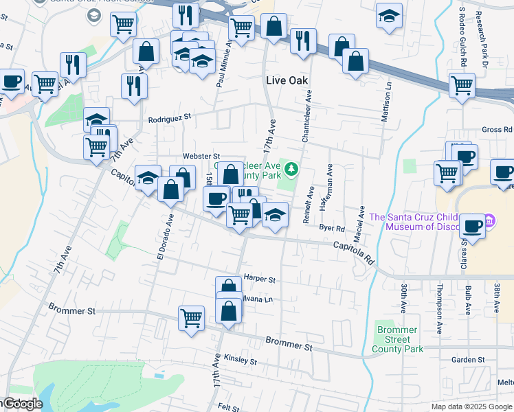 map of restaurants, bars, coffee shops, grocery stores, and more near 1836 16th Avenue in Santa Cruz