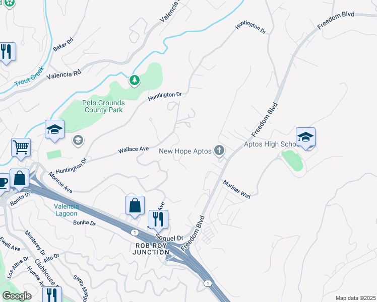 map of restaurants, bars, coffee shops, grocery stores, and more near 250 Carol Way in Aptos