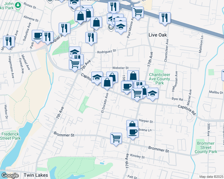 map of restaurants, bars, coffee shops, grocery stores, and more near 1756 Esperanza Court in Santa Cruz