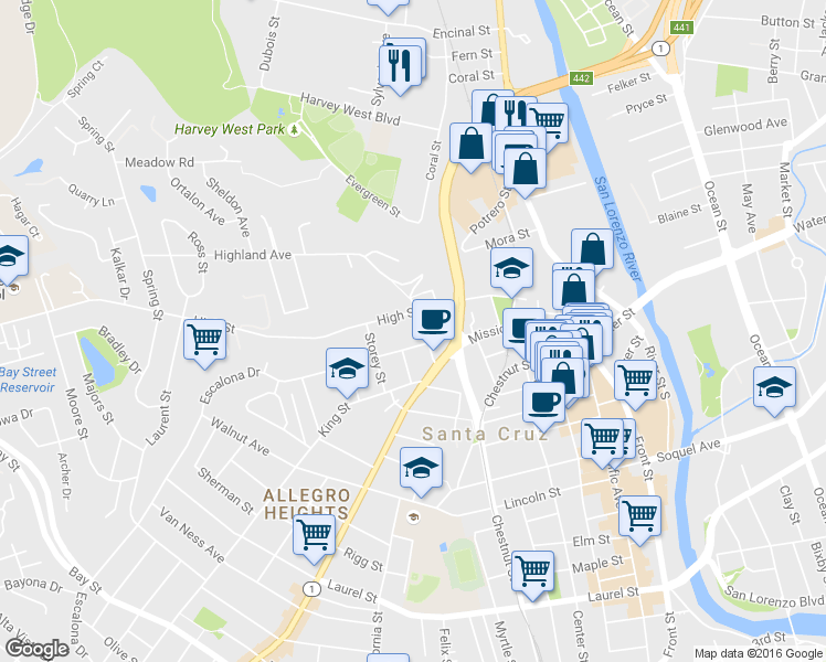 map of restaurants, bars, coffee shops, grocery stores, and more near 303 Highland Avenue in Santa Cruz
