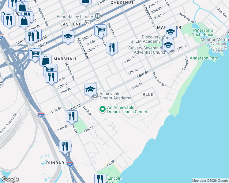 map of restaurants, bars, coffee shops, grocery stores, and more near 839 16th Street in Newport News