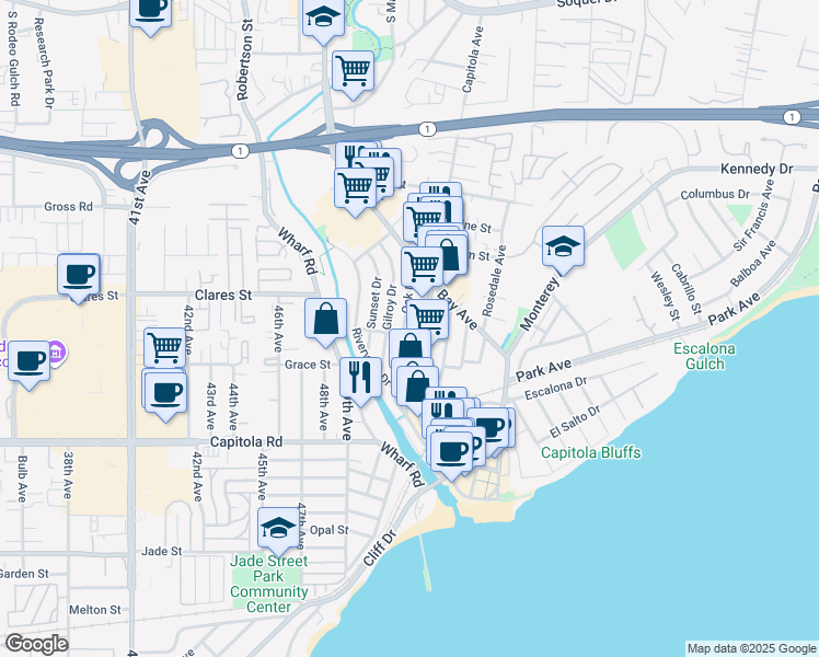 map of restaurants, bars, coffee shops, grocery stores, and more near 604 Oak Drive in Capitola