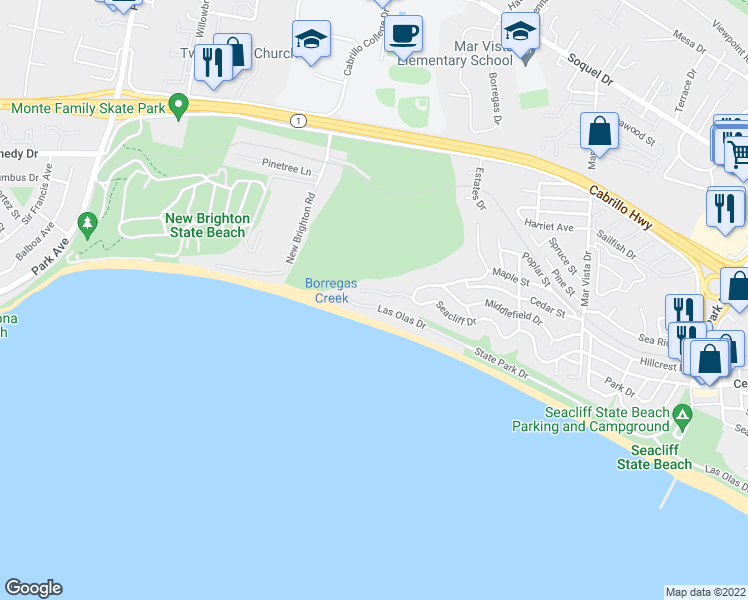 map of restaurants, bars, coffee shops, grocery stores, and more near 735 Oakhill Road in Aptos