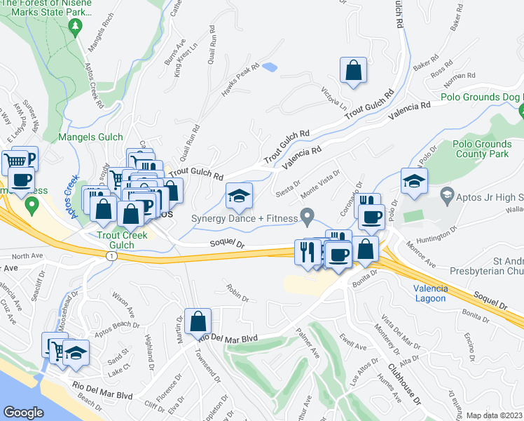 map of restaurants, bars, coffee shops, grocery stores, and more near 130 Siesta Drive in Aptos