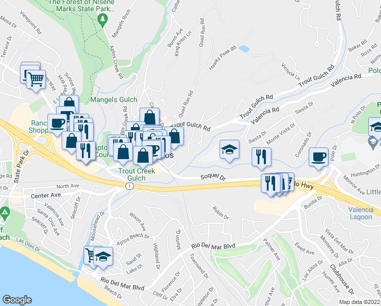 map of restaurants, bars, coffee shops, grocery stores, and more near 43 Knollwood Drive in Aptos