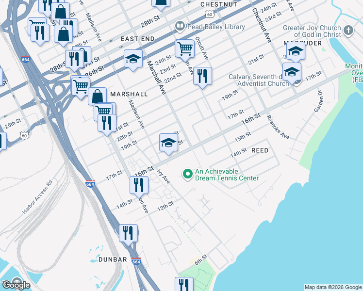 map of restaurants, bars, coffee shops, grocery stores, and more near 752 18th Street in Newport News