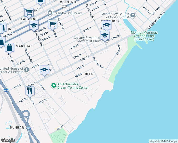 map of restaurants, bars, coffee shops, grocery stores, and more near 946 14th Street in Newport News
