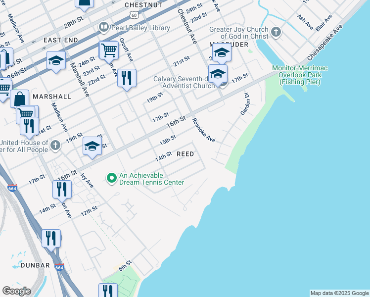 map of restaurants, bars, coffee shops, grocery stores, and more near 946 14th Street in Newport News