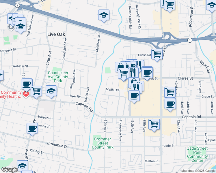 map of restaurants, bars, coffee shops, grocery stores, and more near 1987 Newport Avenue in Santa Cruz