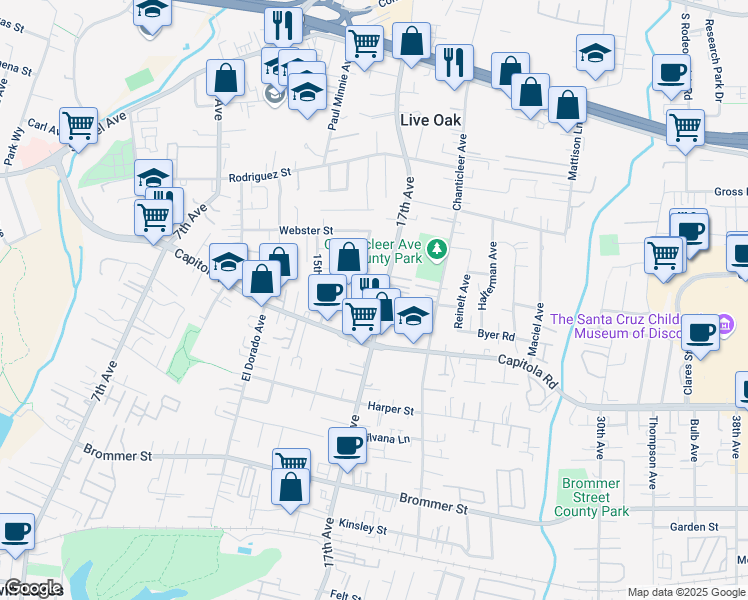 map of restaurants, bars, coffee shops, grocery stores, and more near 1819 17th Avenue in Santa Cruz